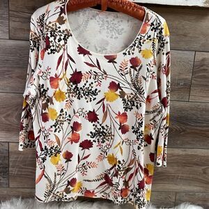 Women’s Plus Size Scoop Neck 3/4 Sleeve Fall Floral Top White Brown